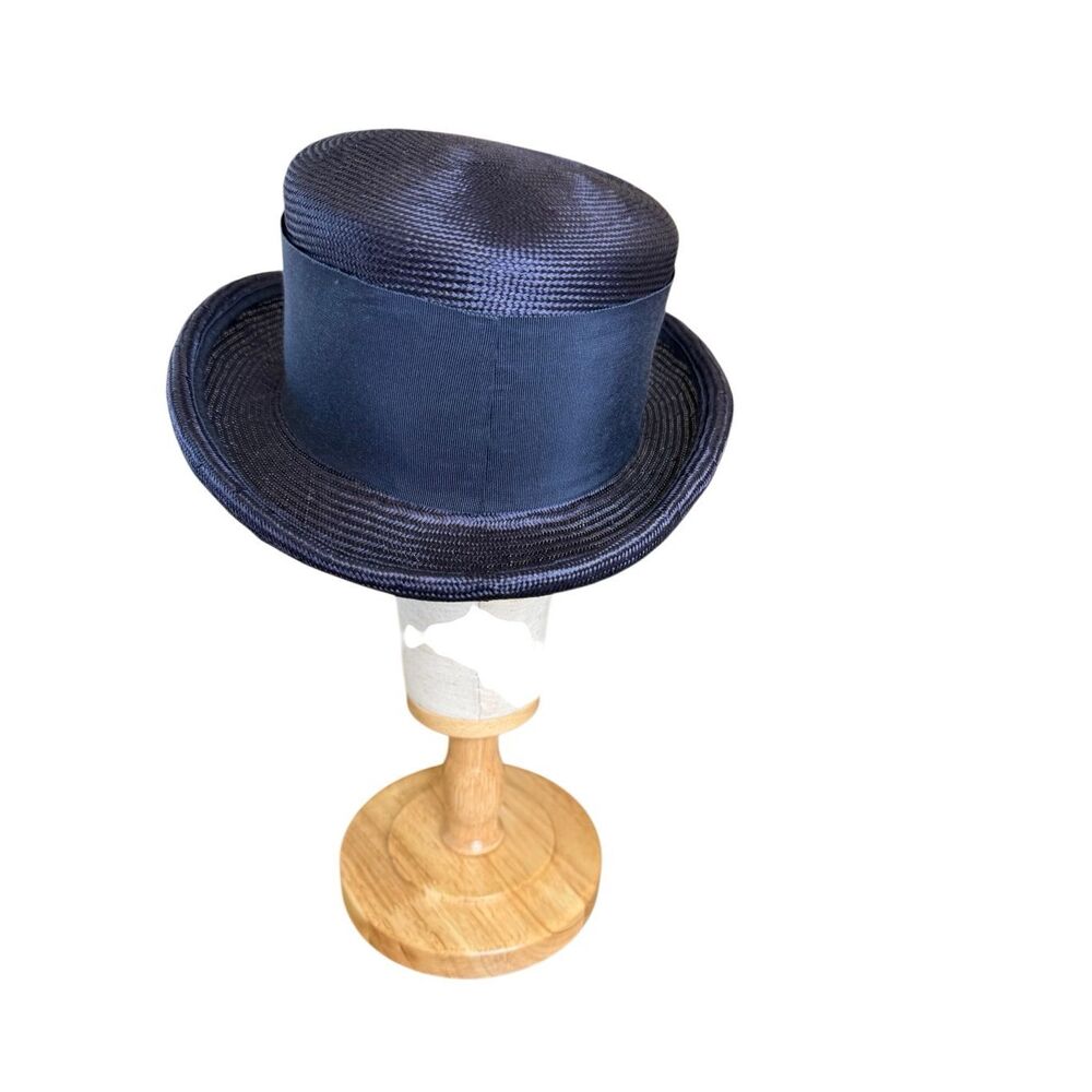 Vintage Eric Javits Boater Hat Navy Straw Grosgrain Ribbon Three Buttons Regal - Picture 3 of 9